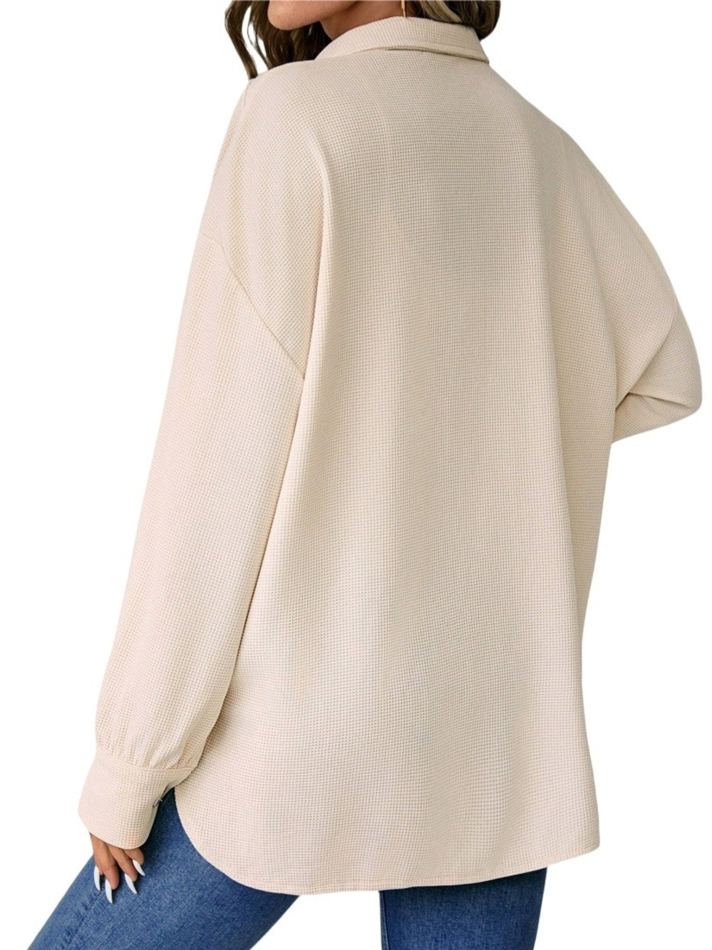 Cream Button-Front Waffle Shirt Jacket - Picture 3 of 5